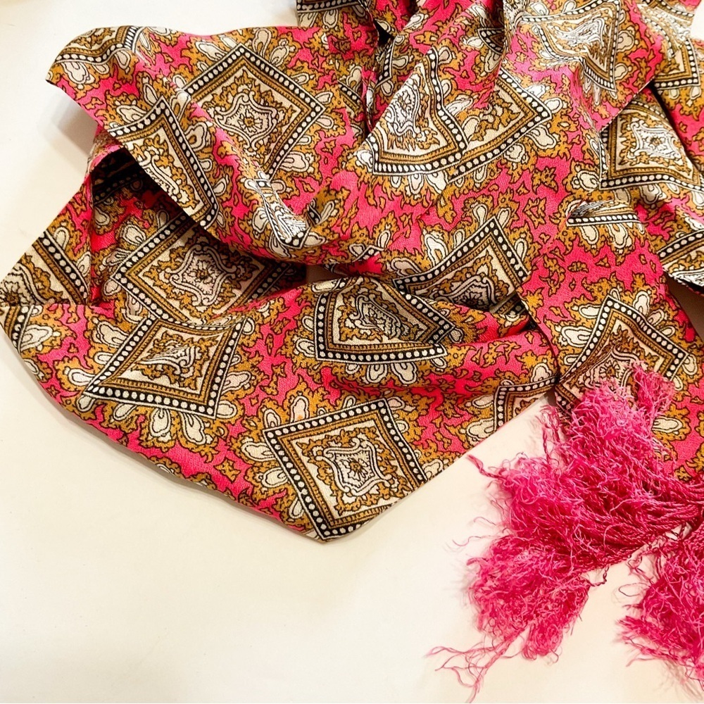 VINTAGE Pink and Gold Bohemian Patterned Long Scarf With Fringe